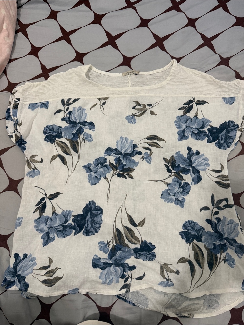 Women’s White Floral Short Sleeve Blouse with Blue Print